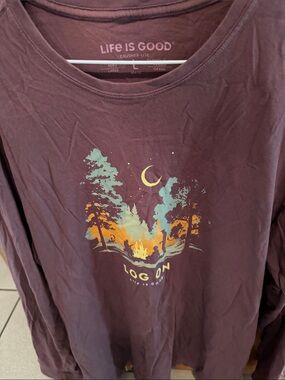 Life Is Good plum long sleeve tee with campfire scene